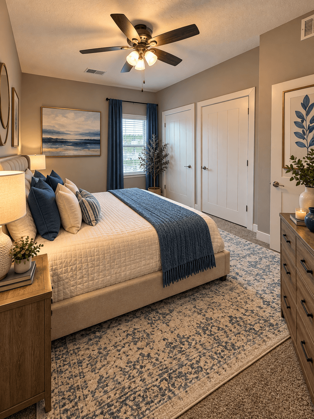 A bedroom with a large bed and a ceiling fan.